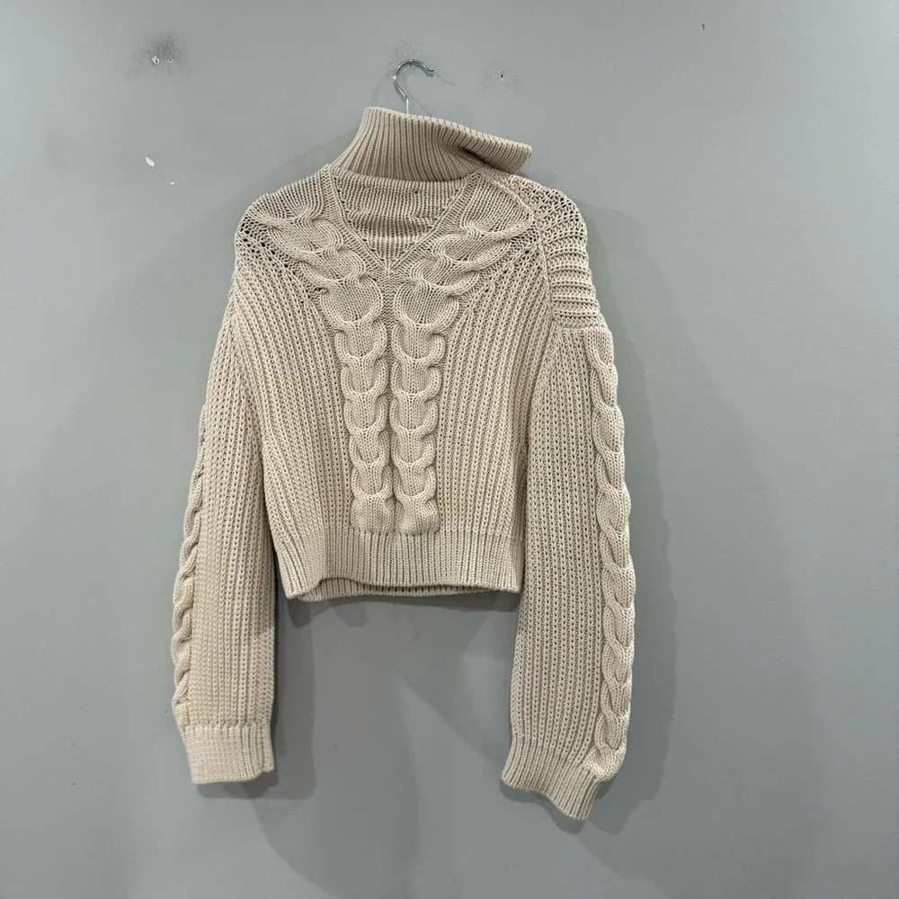 Nanushka Sweater Eria Cropped Cable Knit Quarter Zip in Crème Beige